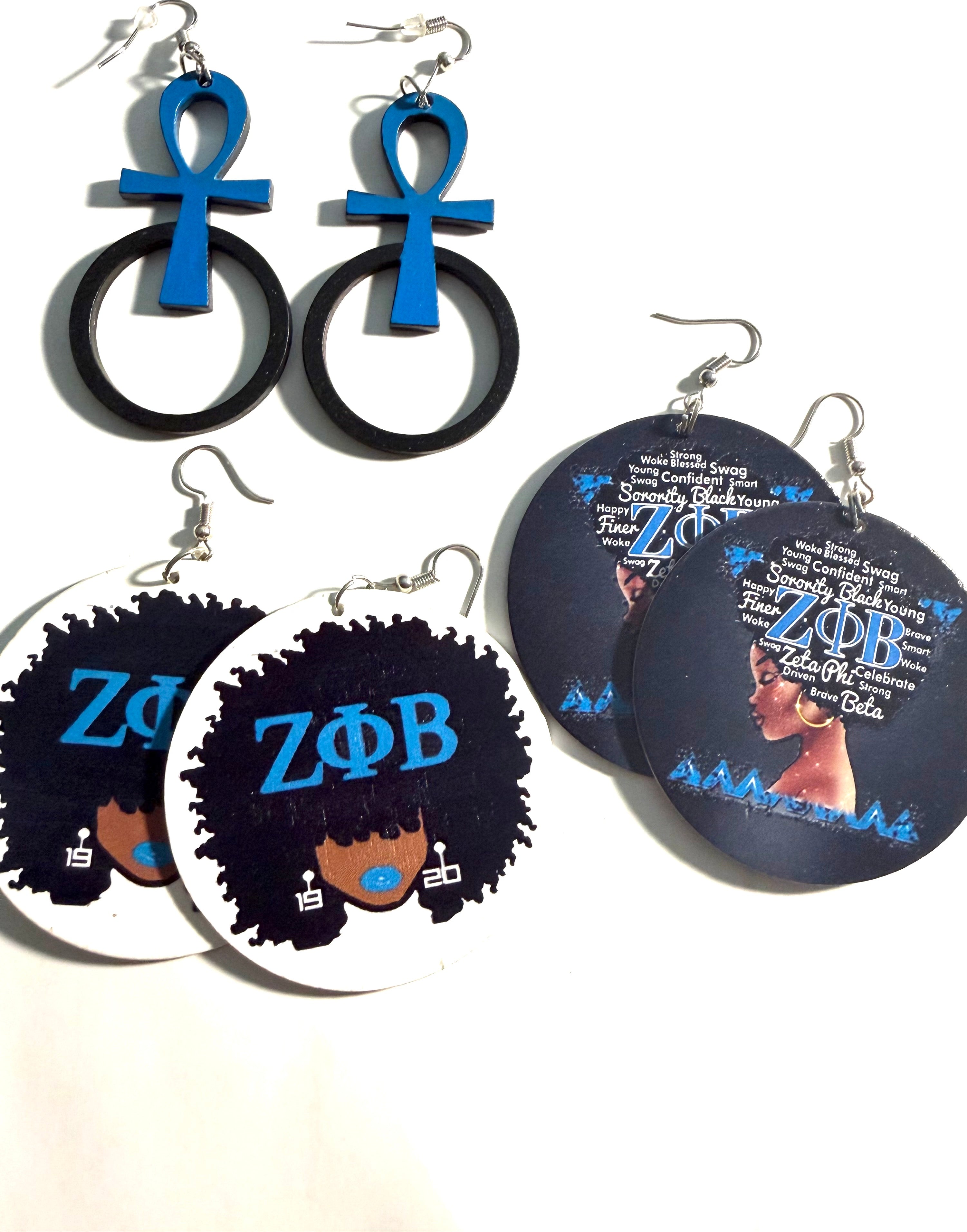Zeta Inspired Afrocentric Earrings | Blue Ankh Statement Earrings | ZΦB Sorority Style Jewelry | Handmade Lightweight Earrings
