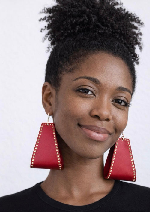 Bold Red Leather Statement Earrings with Gold Stud Detail