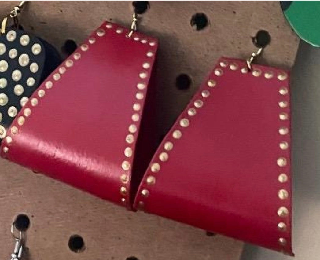 Bold Red Leather Statement Earrings with Gold Stud Detail