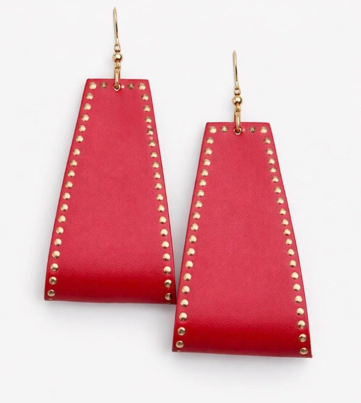 Bold Red Leather Statement Earrings with Gold Stud Detail